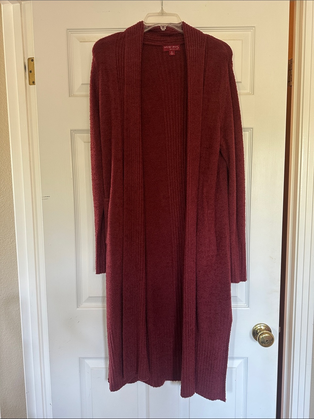 Barefoot Dreams Long Open-Front Cardigan in Burgundy Red